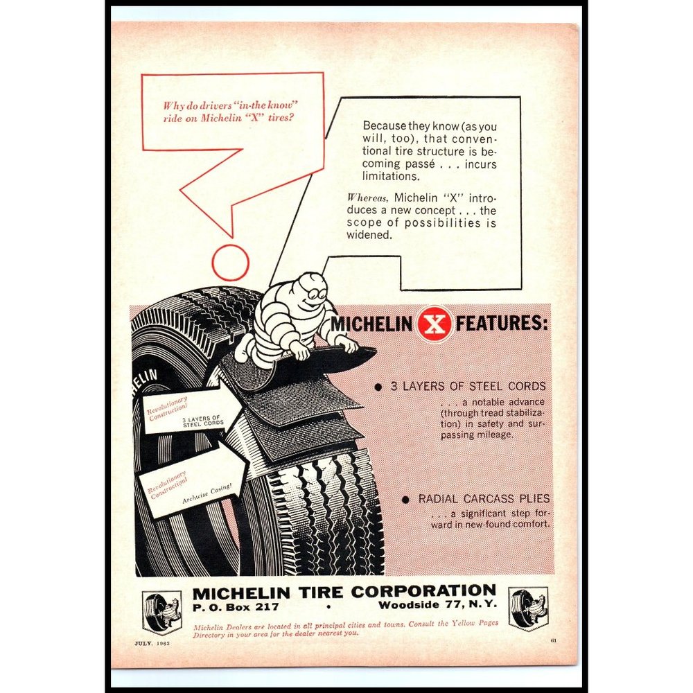 1963 Michelin X Radial Tires Bibendum Vintage Print Ad Wall Art Michelin Man